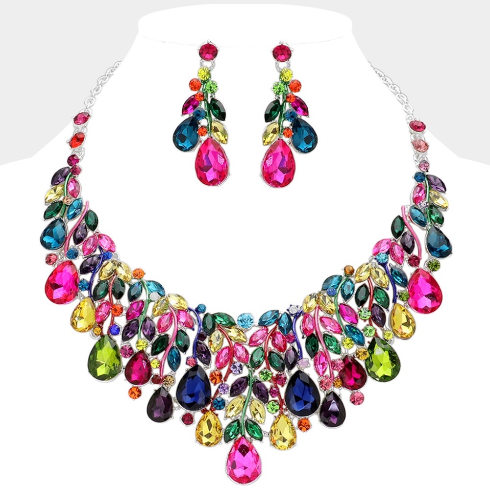 Teardrop Stone Cluster Marquise Vine Embellished Evening Necklace Set